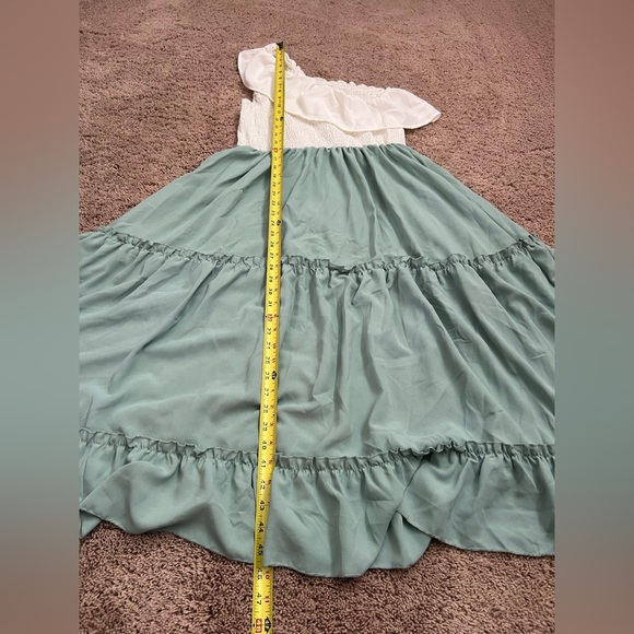 XL SHEIN 2 tone color blocked ruffle trim one shoulder smocked tiered dress aqua - Picture 7 of 12